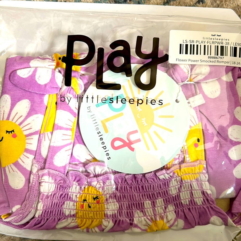 Little sleepies limited edition flower power smocked romper size 18-24m